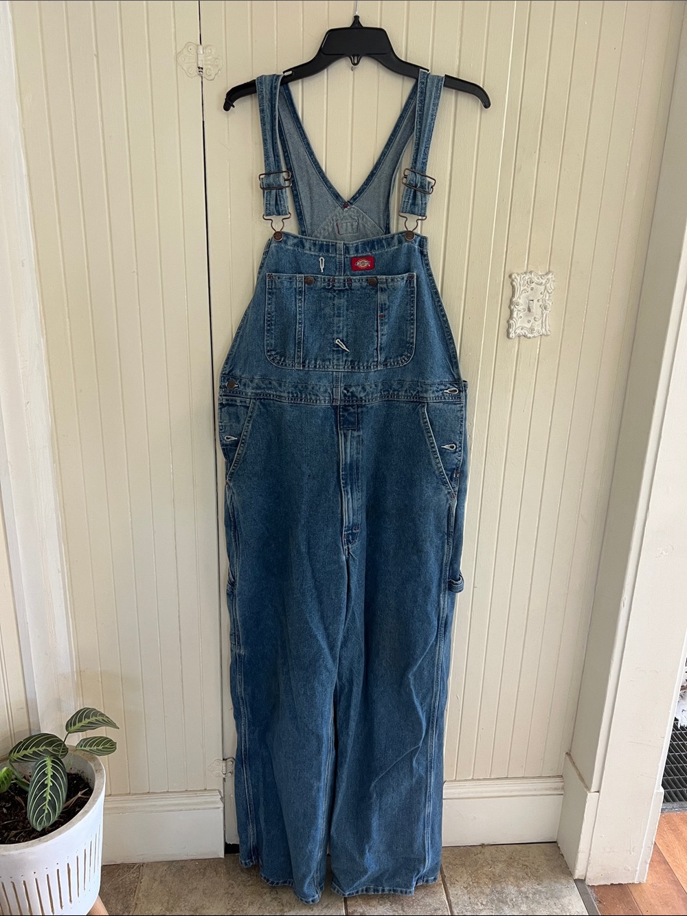 Dickies Light Blue Denim Bib Overalls with Red Logo Accents